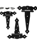 Heavy Duty T Shaped Wooden Gate Hinges Two Piece Set With Screws For Barn Doors Sheds And Wood Fences showing black metal design and mounting screws.