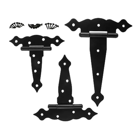 Heavy Duty T Shaped Wooden Gate Hinges Two Piece Set With Screws For Barn Doors Sheds And Wood Fences showing black metal design and mounting screws.