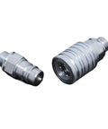 Heavy Duty Steel Hydraulic Quick Coupler M20x1.5 Push Pull Connector With Slick Threads Built For Diesel Engines Heavy Equipment And Garage Hustle Ready, showing two steel connectors.