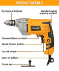 Corded 720 Watt Drill With Three Eighths Inch Chuck Variable Speed From Zero To Three Thousand Six Hundred RPM Multi Material Drilling For Concrete Metal And Wood With Speed Switch Beast Power For DIY And Pros, showing side view with labeled parts