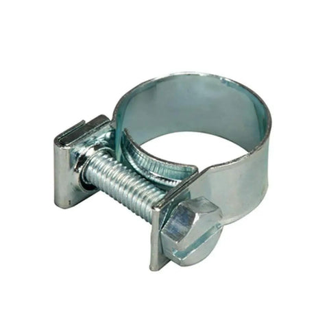 Close-up of zinc-plated steel adjustable screw clamp from Fuel Line Hose Clamp Set 30 Piece Everyday Heavy Duty Multi Size Assortment