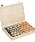 Six Piece Wood Chisel Set In A Sturdy Wooden Box With High Quality Tool Steel Blades Partial Hardened Edge And Rust Resistant Lacquer Finish
