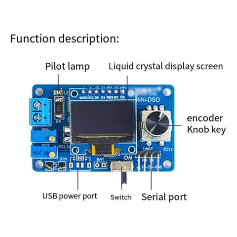 DIY Mini Digital Oscilloscope Kit With STC8K8A Microcontroller, showing ports, OLED, and components for electronics projects.