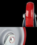 Close-up of F Screw Steering Wheel Brake Wheel Combination Four Piece Caster Set, red 3 inch wheel for trolleys and machines.