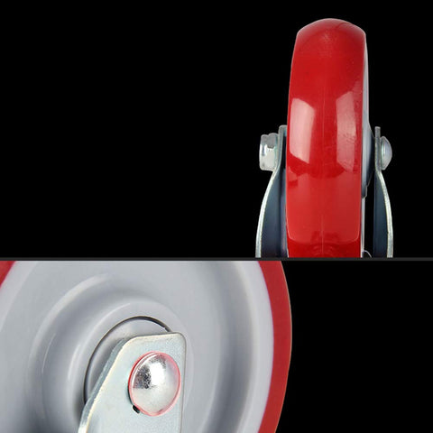 Close-up of F Screw Steering Wheel Brake Wheel Combination Four Piece Caster Set, red 3 inch wheel for trolleys and machines.