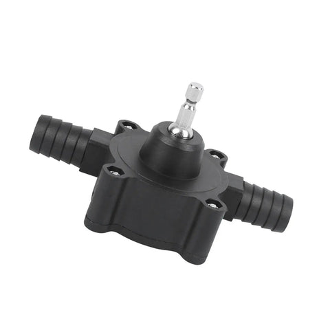 Mini Portable Centrifugal Water Pump Self Priming Handy Drill Powered For Quick Water Transfer Durable Plastic And Stainless Steel Build Great For Industrial And DIY Jobs black plastic pump with metal drill shaft, side hose fittings