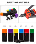 Heavy Duty Rivet Nut Tool Kit With Ergonomic Handle For Sheet Metal And Auto Jobs. No Tool Change Needed. Tough Steel Build Includes 10 Rivets And Nuts Plus Sturdy Case. Riveting nut bar kit with M3-M10 mandrels and colored adapters, steel body