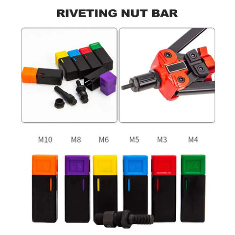Heavy Duty Rivet Nut Tool Kit With Ergonomic Handle For Sheet Metal And Auto Jobs. No Tool Change Needed. Tough Steel Build Includes 10 Rivets And Nuts Plus Sturdy Case. Riveting nut bar kit with M3-M10 mandrels and colored adapters, steel body