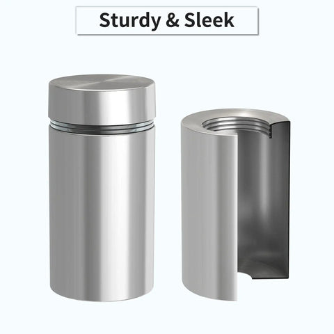 Built Tough Heavy Duty Stainless Steel Standoff Screws 50 Pack 1/2 Inch Diameter By 3/4 Inch Length showing two silver mounting hardware pieces.