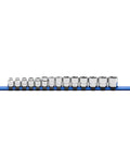 Three Eighths Inch Drive Stubby Socket Set, 14 Piece Six Point Metric Sockets With Mirror Chrome Finish, arranged in a row