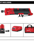 Top Shelf Cordless Straight Die Grinder Kit Fits Milwaukee M12 12V Power Tools, includes die grinder, batteries, charger, and tool bag.