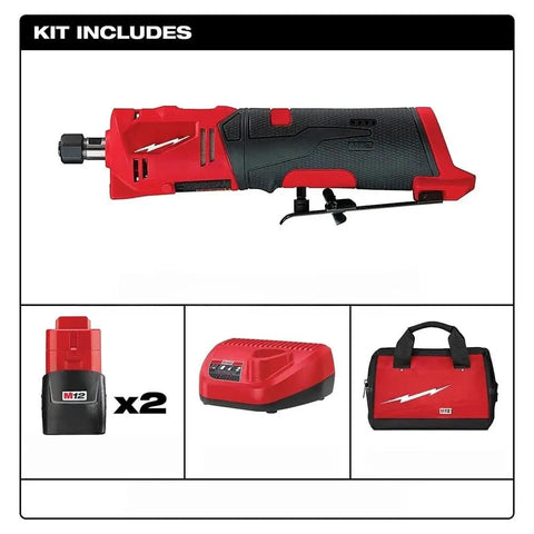 Top Shelf Cordless Straight Die Grinder Kit Fits Milwaukee M12 12V Power Tools, includes die grinder, batteries, charger, and tool bag.