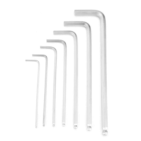 Top Notch 7 Pc Extended Hex Key L Wrench Set With Long Handles For Mechanics Pros And DIY Guys Featuring Ergonomic Grips In Sizes From.5mm To 6mm Made Of Durable Steel For Tough Jobs. 7-piece metric hex key set, steel, sizes 0.5mm to 6mm