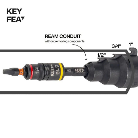 Flip Socket Conduit Reamer Driver 3-In-1 Impact Tool With Quick-Connect Cushion-Grip Handle And Magnetic Bit Holder, reaming sizes