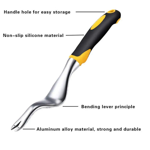 Durable 11.4 Inch Weed Puller Tool For Easy Hand Weeding In Garden And Lawn, aluminum alloy rust-resistant body, bright yellow handle with hanging hole and non-slip grip, ideal transplantation aid and gift for gardeners