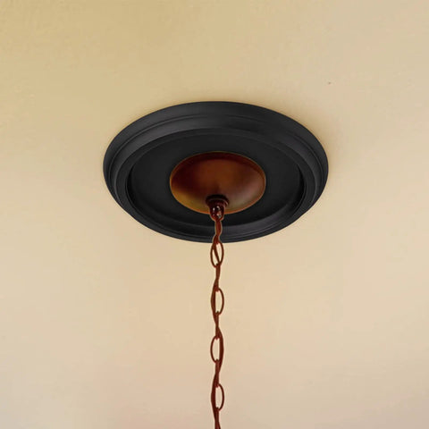 Two Pack Molded PU Ceiling Medallions For Light Fixtures And Pendants With 10 Inch Outer Diameter 4 Inch Inner Diameter And 1 Inch Projection Easy Install Fits Canopies Up To 7.25 Inches Black showing installed view