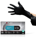 Powerful Black Nitrile Disposable Gloves, Completely Latex And Powder Free, Textured Palms For A Rock Solid Grip, Food Safe And Clinical Grade, Built Tough For Auto, Tattoo, Salon And Emergency Work, Pack Of One Hundred Small, shown with hands wearing gloves.