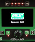 Control panel of 330 Series TIG And Stick Welder with AC DC indicators, display, and knobs for dual voltage welding operation.