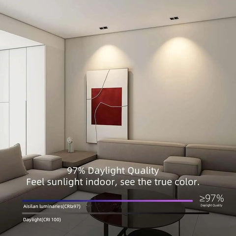 Dimmable Recessed LED Light Fixture With 2 Heads, white ceiling spotlight in a modern living room setting, illuminating artwork.