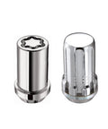 Chrome SplineDrive Install Kit With One Half Inch By Twenty Thread Lug Nuts And Wheel Locks Includes 18 Lug Nuts 1 Installation Tool 5 Wheel Locks 1 Key And Key Pouch Closed End Design For Maximum Grip And Stud Engagement showing chrome lug nut and wheel lock.