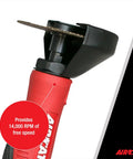 Close-up of Silencing Tech 1 HP 14,000 RPM 4 Inch Composite Cut Off Tool with Ergonomic Handle, red body, displays "Provides 14,000 RPM."