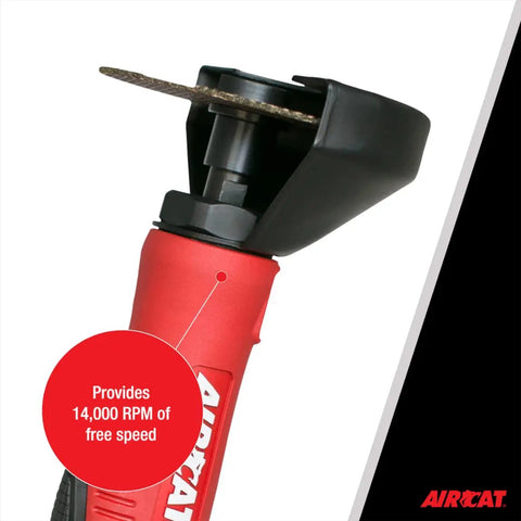 Close-up of Silencing Tech 1 HP 14,000 RPM 4 Inch Composite Cut Off Tool with Ergonomic Handle, red body, displays "Provides 14,000 RPM."