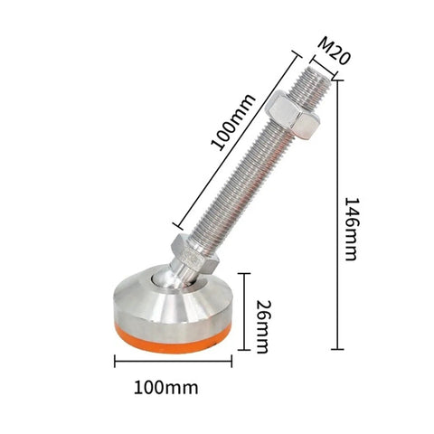 Rock Solid Adjustable Leveling Feet Featuring Straight Up Heavy Duty 304 Stainless Steel Universal Cup Mounts Built Tough For Shop Benches And Cabinets Kills Vibration On Uneven Floors Quick Grip M20 X 100mm Base with dimensions shown.
