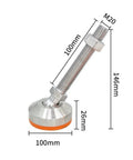 Tough As Nails Adjustable Leveling Feet With 304 Stainless Steel Construction and Swiveling Rubber Base Cups close-up with dimensions.