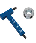 Hardcore Stop Collar And Hex Wrench Kit With Material Thickness Gauge For Pocket Hole Drill Bits features a blue hex wrench and stainless collar.