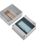 Heavy Duty 6 Way Circuit Breaker Box With DIN Rail IP65 Weatherproof Electrical Enclosure Surface Mount showing light gray shell and transparent lid.