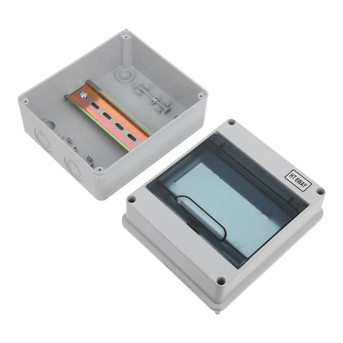 Heavy Duty 6 Way Circuit Breaker Box With DIN Rail IP65 Weatherproof Electrical Enclosure Surface Mount showing light gray shell and transparent lid.