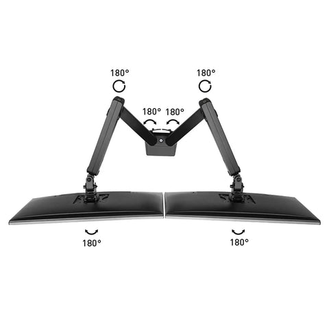 Adjustable Dual Monitor Arm Desk Mount With Smooth Mechanical Spring Height Tilt Swivel Rock Solid Clamp Base, showing dual screens at 180° angle.