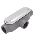 Dead Nuts Secure 3/4 Inch T Type Conduit Body in heavy duty die cast aluminum with threaded port ends and snap-off cover.
