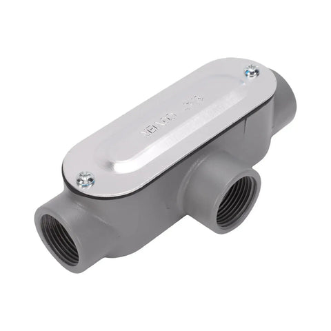 Dead Nuts Secure 3/4 Inch T Type Conduit Body in heavy duty die cast aluminum with threaded port ends and snap-off cover.