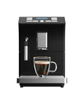 Skip The Line Top Tier Automatic Espresso Machine With Built In Bevel Gear Grinder And Fast Heating For Pulling Smooth Cafe Style Drinks Featuring One Touch Operation And 15 Bar Pump with a brewed espresso in glass.