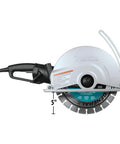 14 Inch Electric Angle Cutter Powered By A Rugged Fifteen Amp Motor And Smart Slip Clutch Design To Save Your Gears Arrives Already Kitted Out With A Premium Diamond Blade For Smashing Brick And Block Like A Boss with 5 inch blade shown from the front.