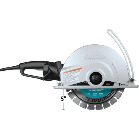 14 Inch Electric Angle Cutter Powered By A Rugged Fifteen Amp Motor And Smart Slip Clutch Design To Save Your Gears Arrives Already Kitted Out With A Premium Diamond Blade For Smashing Brick And Block Like A Boss with 5 inch blade shown from the front.
