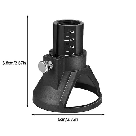 Heavy Duty Rotary Tool Locator With Adjustable Depth Control And Side Screw Lock For Drills, 2.36 in, black plastic, measuring marks.