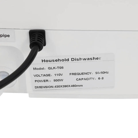 Label showing specifications of No Sweat Sleek Countertop Dishwasher Portable Electric Mini Washing Machine With Led Display And Rustproof Stainless Steel Interior Quick Rinse Cycles For Small Apartments.