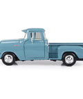1955 Blue Chip Pickup Truck Diecast Model Car In Light Blue One Twenty Four Scale side view with real rubber tires