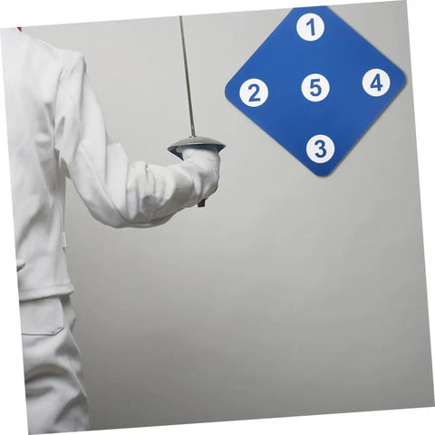 Fencer using Two Pack Rubber Fencing Targets For Practice And Training against sleek blue wall-mounted target with numbered sections.