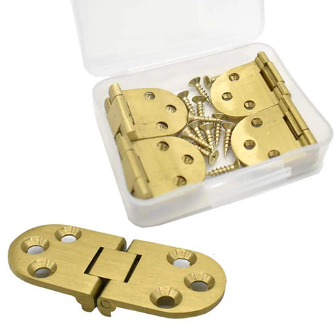 Slick Heavy Duty Brass Butler Tray Hinges With Rounded Edges Rock Solid 90 Degree Flip Top Design For Folding Tables Includes Mounting Screws in box.