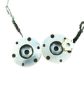 Front view of two silver circular electromagnetic holding brake discs with wired leads