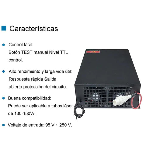 Dual Voltage CO2 Laser Power Supply 110V 220V 130W 150W with specifications and connectors visible.