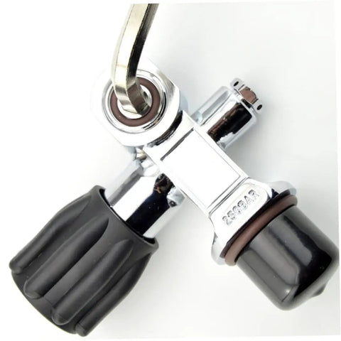 Durable Diving Tank Valve And Cylinder Adapter For 250BAR Underwater Gas Chrome Plated Brass Valve With Easy On Off Hand Wheel Grip Rugged Dive Gear For Divers, showing side view of chrome-plated brass with black hand wheel