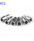 6-piece E socket set with chrome steel star female sockets, sizes E4 to E10, for auto repair. Must-Have 6 Piece E Socket Set For Auto Repair. Tough Heat Treated Steel Bits Covering E4 To E10 Star Female Bolt Removal. Perfect Mechanic Kit Tool Gear!