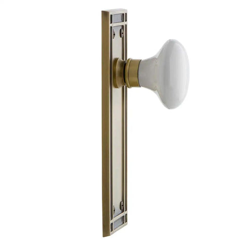 Mission Plate With White Porcelain Knob, Passage Door Hardware In Antique Brass Finish, 2 3 Quarter Inch Backset, Solid Forged Brass Plates