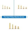 Badass Brass Machine Screw And Nut Kit With Washers For Electronics Repair Heavy Duty Flat Head Phillips Countersunk Fasteners Tight Fit Assorted Twelve Sizes Slick Hardware Set - assortment of flat head Phillips machine screws.