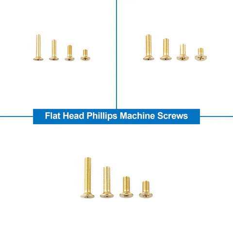 Badass Brass Machine Screw And Nut Kit With Washers For Electronics Repair Heavy Duty Flat Head Phillips Countersunk Fasteners Tight Fit Assorted Twelve Sizes Slick Hardware Set - assortment of flat head Phillips machine screws.
