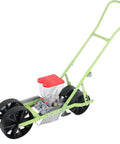 Hand Push Precision Seed Planter For Row Crops, 2 Row Garden Seeder For Corn, Peanut And Soybean Seeds, metal frame, black wheels